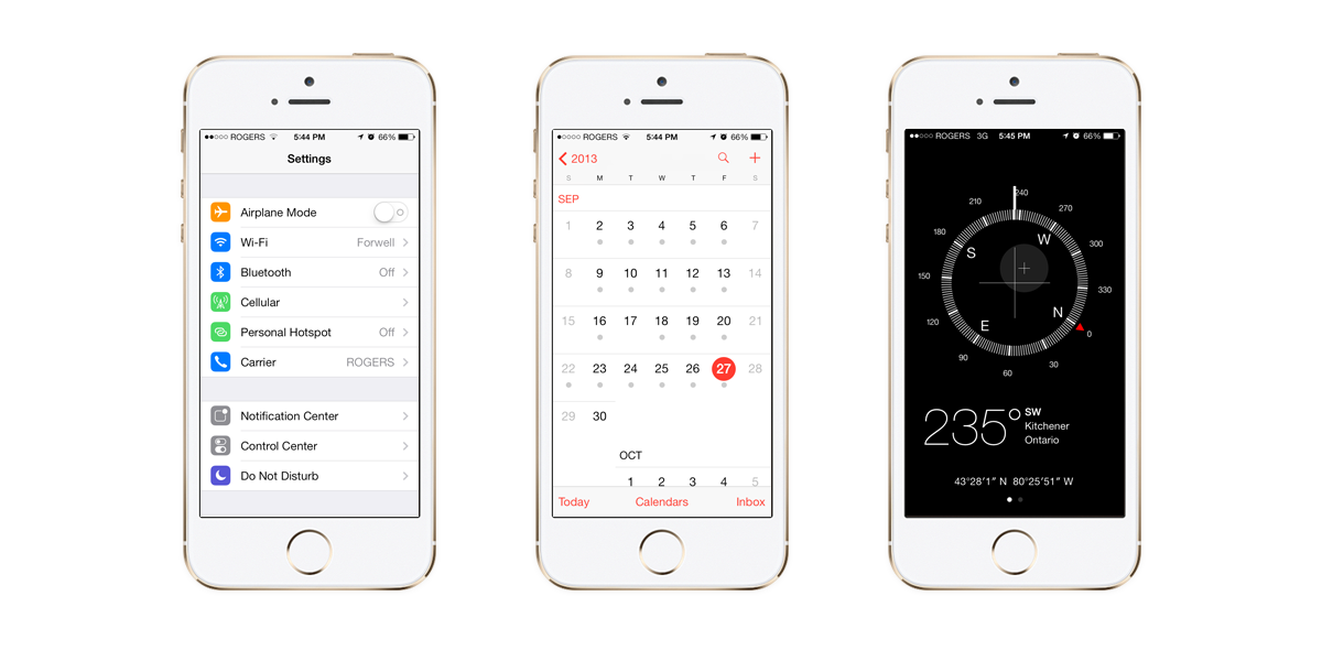 Settings, Calendar & Compass Screenshots